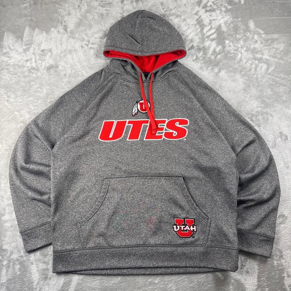 Champion Elite Utah Utes Hoodie Mens Large Gray Red Pullover Sweatshirt